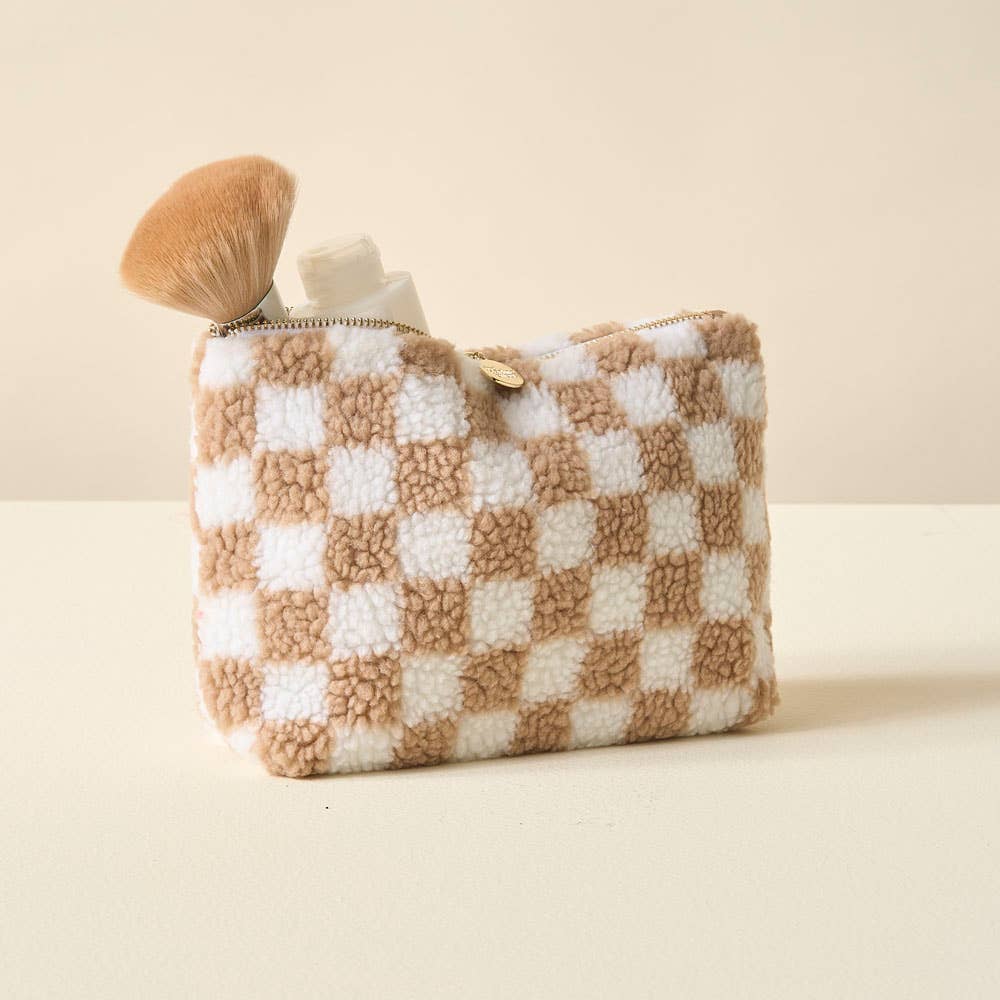 Tan Checkered Teddy Pouch - vibeboxshop