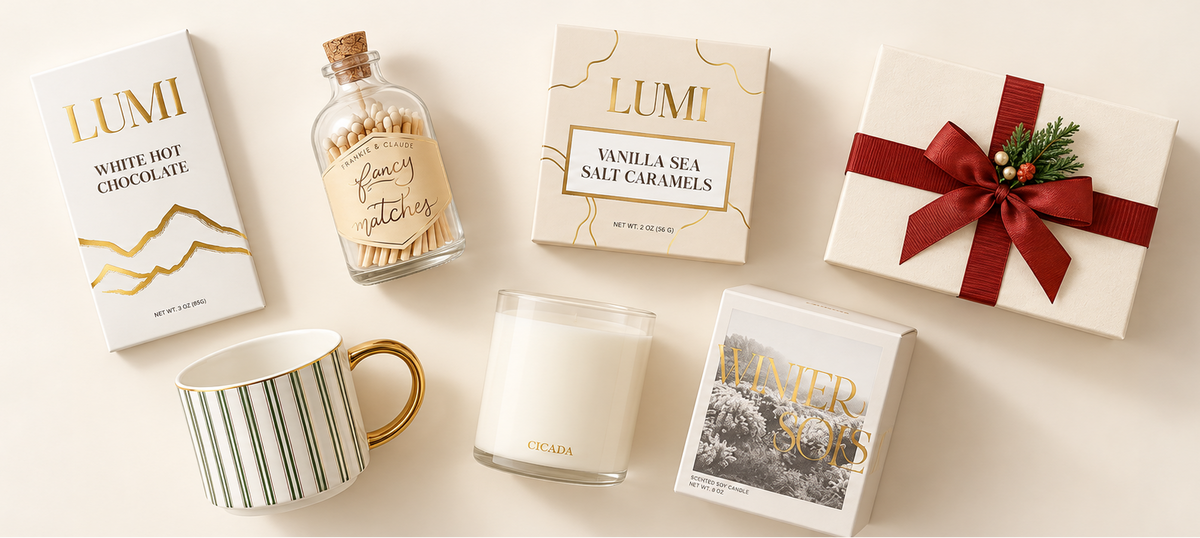 A curated gift assortment on a light cream background, including a white chocolate bar in a white box labeled LUMI, a small glass bottle with a cork stopper, a salt caramel candle box, a wrapped gift box with a red ribbon and pine sprig, a striped ceramic mug with a gold handle, a white candle in a glass container, and another LUMI box.